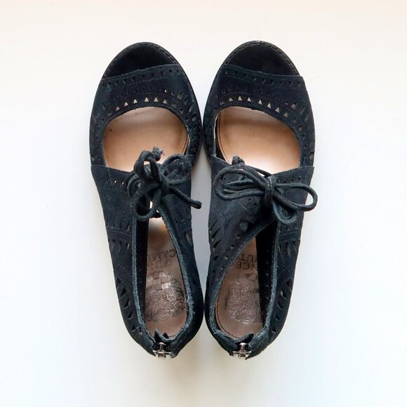 Vince Camuto Tarita Black Suede Laser Cut Lace Up Block Heel Bootie Shoes 6.5 - Picture 6 of 16